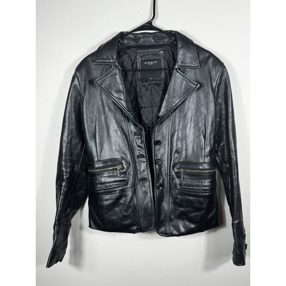 Vtg Superior NY Collection Black Leather Jacket Women’s L Quilted Lining USA